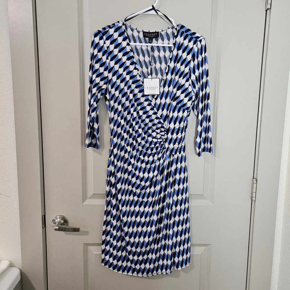 Laundry by Shelli Segal Blue Geometric Faux Wrap Dress Size M NWT NEW